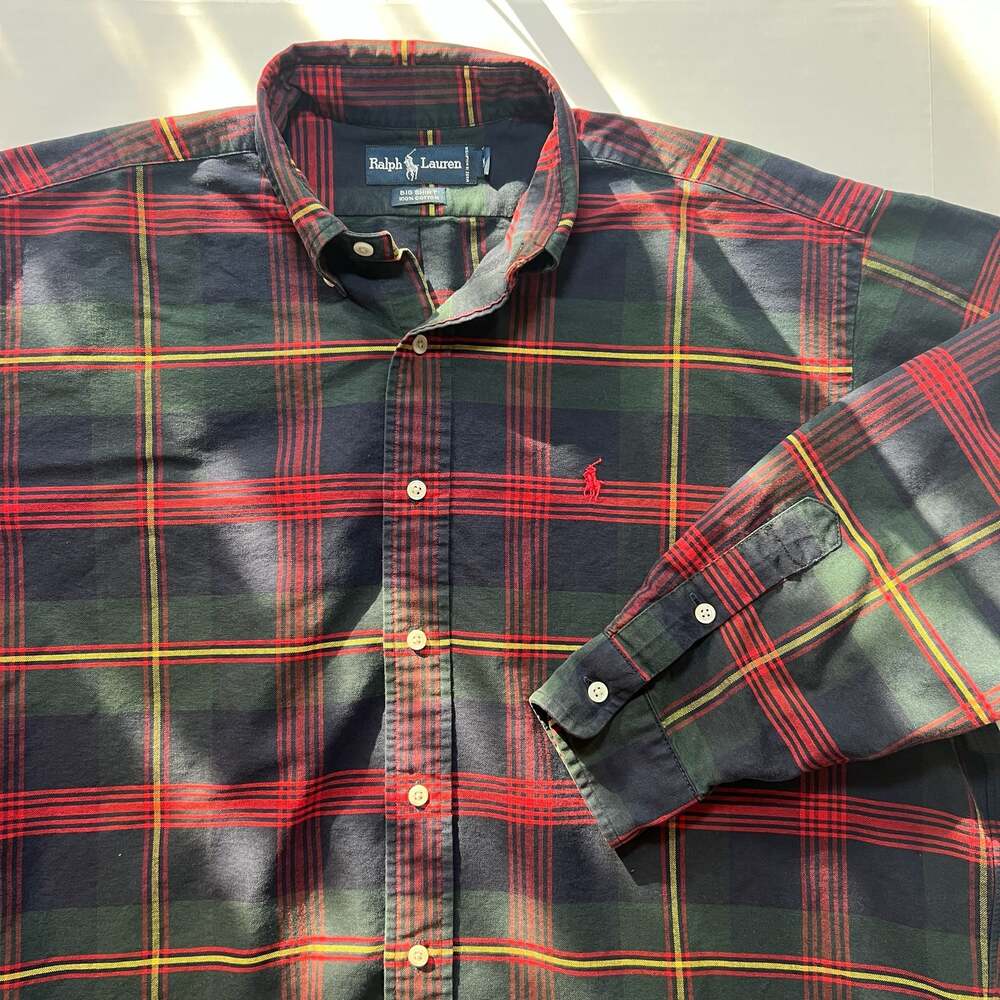 Vintage Ralph Lauren 'Big Shirt' Plaid Flannel Button Down Green Red Medium